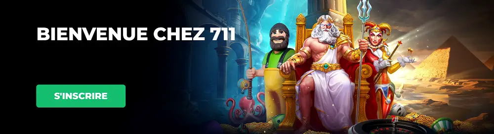 Visuel promotionnel de 711 Casino en ligne belge avec univers mythologique et bouton d’inscription