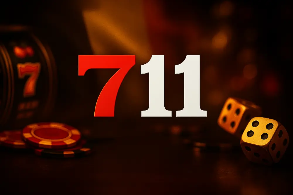 Logo 711 rouge et blanc intégré dans un décor de casino élégant avec dés dorés et jetons sur fond lumineux
