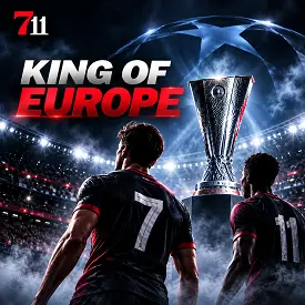 711 Sports King of Europe avec deux footballeurs face à un trophée dans un stade européen illuminé