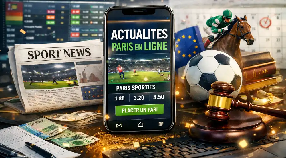 Image illustrant les actualités des paris en ligne avec cotes sportives en direct, football, hippisme et cadre réglementaire européen