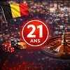 21 ans âge légal pour les jeux de hasard en Belgique avec symbole rouge et éléments de casino