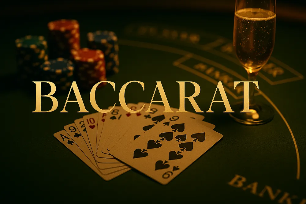 Table de baccarat en ligne élégante avec cartes, jetons et verre de champagne, ambiance casino haut de gamme