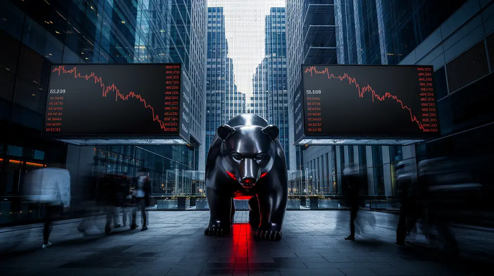 Statue d’ours géante entourée d’écrans boursiers rouges en forte baisse