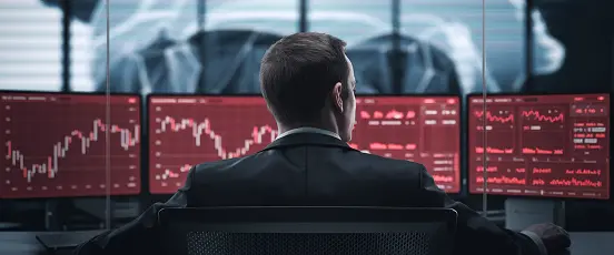 Trader observant plusieurs écrans rouges affichant une chute marquée des marchés