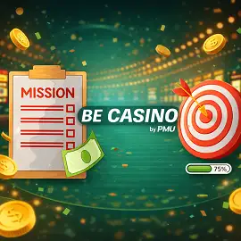 Visuel BeCasino by PMU avec mission quotidienne, cible, billet vert et jauge de progression à 75 %