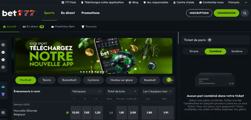 Aperçu de la plateforme Bet777 sur ordinateur