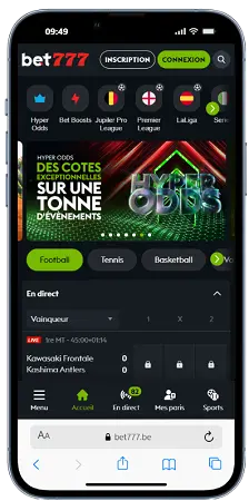 Interface Bet777 affichée sur un téléphone mobile