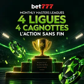 Bet777 Monthly Masters Leagues avec quatre ligues, trophée doré et univers sportif vert