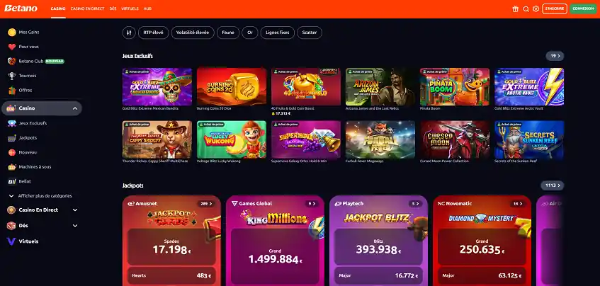 Aperçu de la plateforme Betano Casino sur ordinateur