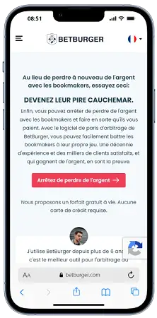 BetBurger affiché sur un téléphone mobile