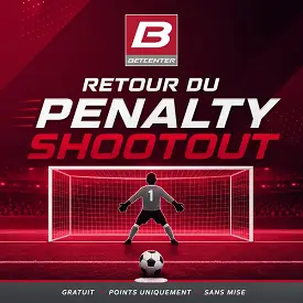 Betcenter Penalty Shootout : gardien face au but et ballon sur le point de penalty dans un univers rouge