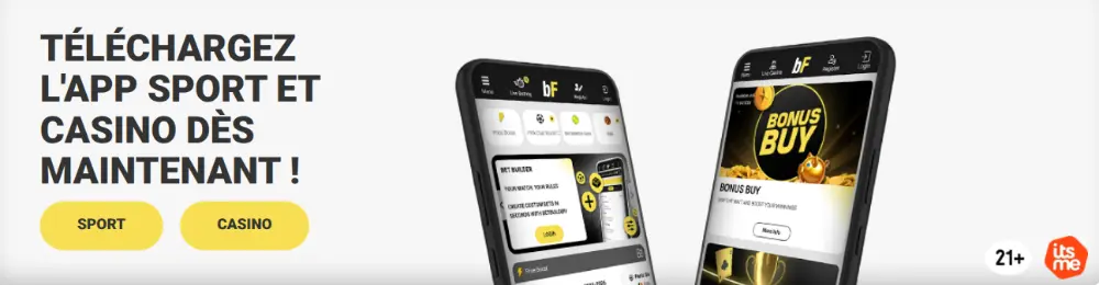Application mobile betFIRST Sport et Casino avec interface paris sportifs, bonus buy et accès rapide aux jeux