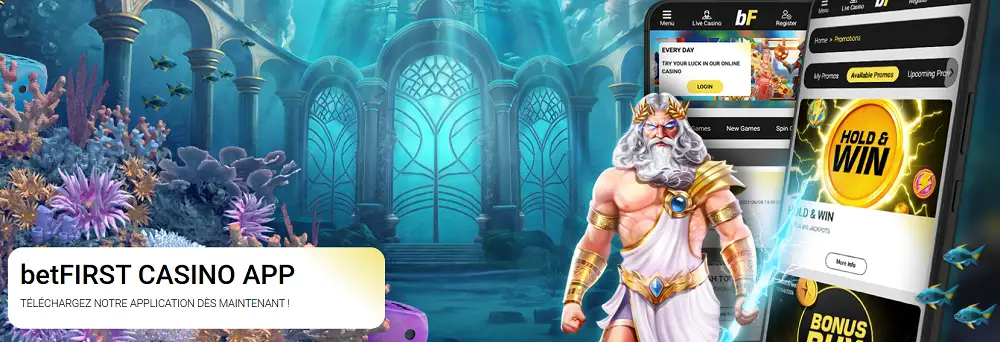 Interface de l’application betFIRST Casino avec jeux en ligne, univers mythologique et bonus visibles sur mobile