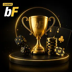 Tournois cash betFIRST Casino Belgique avec trophée doré, jetons et dés noirs sur fond sombre