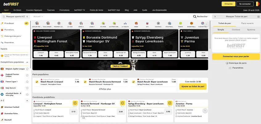 Aperçu de la plateforme betFIRST Sport sur ordinateur