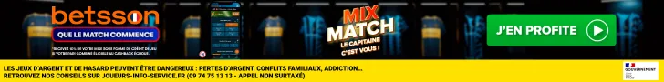 Publicité Betsson avec l’offre Mix Match et bouton J’en profite, promotion de paris sportifs en ligne sécurisés