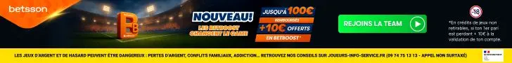 Bannière Betsson avec offre jusqu’à 100 € remboursés et 10 € offerts