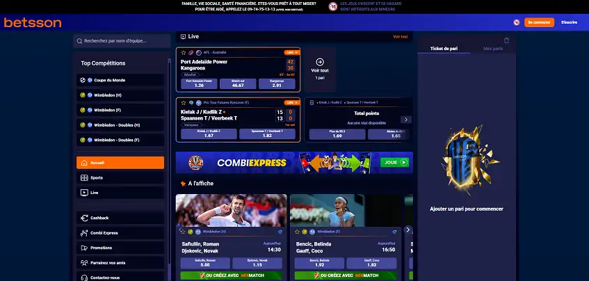 Aperçu de la plateforme Betsson sur ordinateur