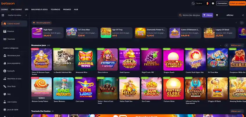 Aperçu de la plateforme Betsson Casino sur ordinateur