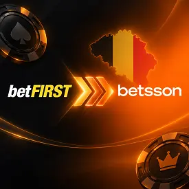 betFIRST devient Betsson Casino en Belgique, illustré par une transition visuelle aux couleurs noir et orange
