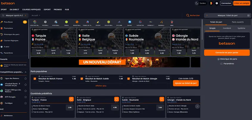 Aperçu de la plateforme Betsson Sport sur ordinateur