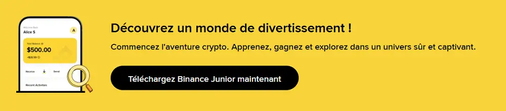 Interface Binance Junior affichée sur smartphone avec un message invitant à télécharger l’application crypto pour les jeunes en toute sécurité