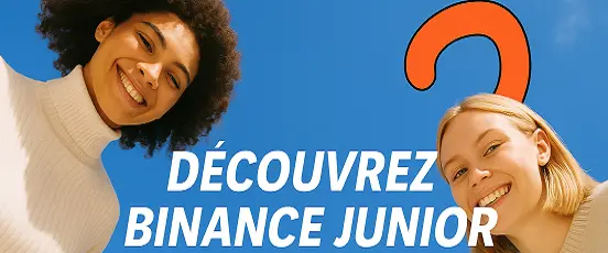 Jeunes souriants regardant la caméra vers le ciel avec le texte Découvrez Binance Junior dans un style moderne et coloré