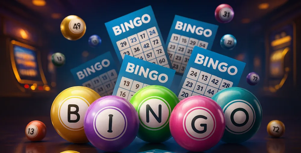 Boules colorées de bingo en ligne avec lettres BINGO au premier plan et grilles de bingo en arrière-plan dans un casino virtuel