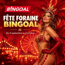 Fête Foraine Bingoal Casino avec artiste en costume rouge, grande roue et ambiance festive
