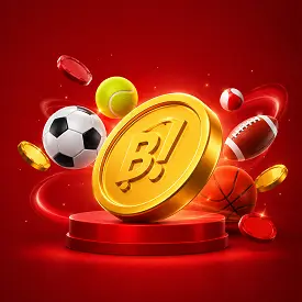Bingoal Coins Sport avec pièce dorée et ballons de football, tennis, basketball et rugby sur fond rouge