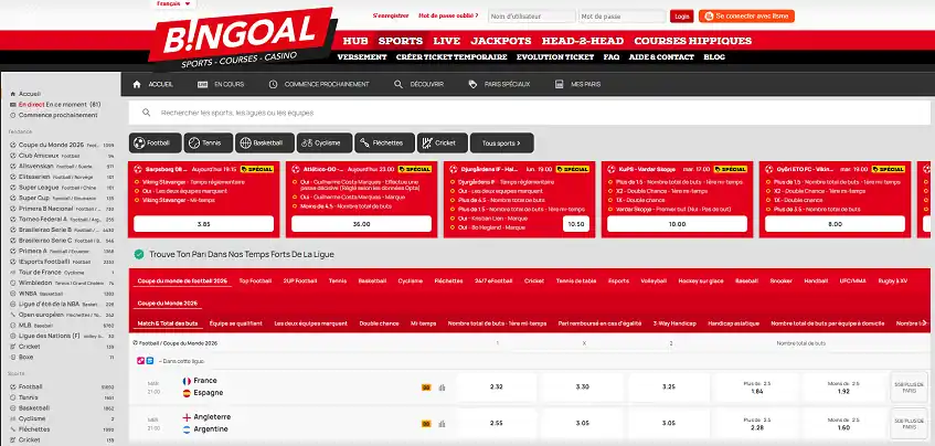 Aperçu de la plateforme Bingoal Sport sur ordinateur