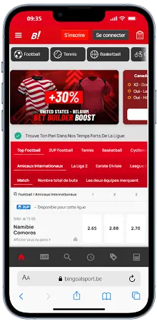 Bingoal Sport mobile, interface paris sportif Belgique affichée sur smartphone