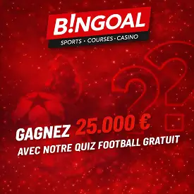 Bingoal Sport, visuel promotionnel du Quiz Football gratuit avec 25.000 € à gagner sur fond rouge