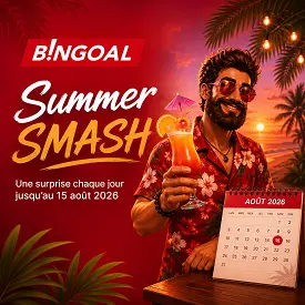 Bingoal Summer Smash 2026 avec calendrier du 15 août, cocktail tropical et ambiance estivale au coucher du soleil