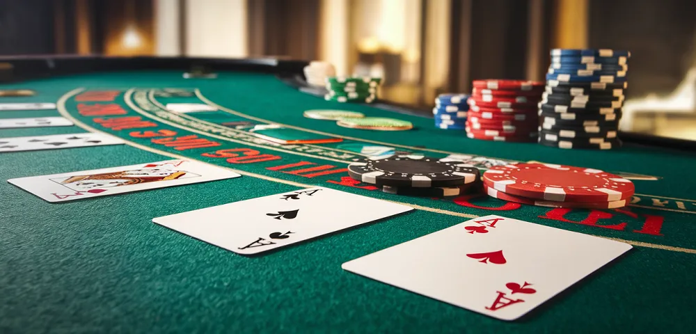Table de blackjack en ligne avec cartes gagnantes, jetons colorés et ambiance de casino élégante sur tapis vert