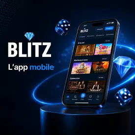 Application mobile Blitz Casino sur smartphone, avec logo Blitz, dés bleus et univers de jeux en ligne