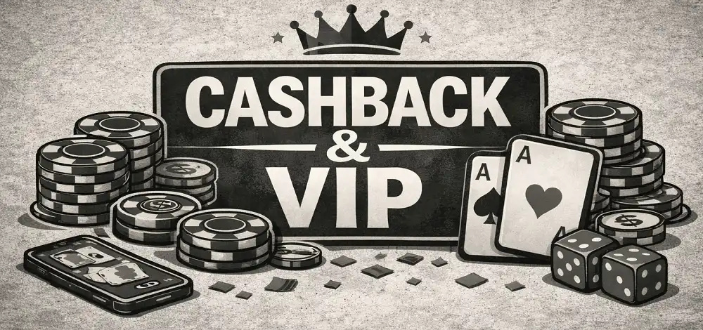 Bannière casino Cashback & VIP avec jetons, cartes As et dés, style illustration noir et blanc