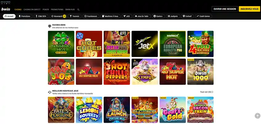 Aperçu de la plateforme Bwin Casino sur ordinateur