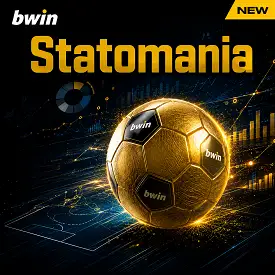 Statomania de Bwin Sports avec logo Bwin, ballon doré et statistiques football en arrière-plan