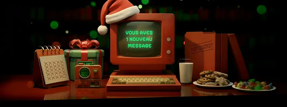 Calendrier de l’Avent au casino en ligne avec un vieux PC décoré pour Noël affichant un message et entouré de cadeaux et biscuits festifs