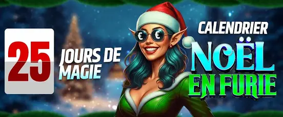 Calendrier de l’Avent au casino en ligne avec un elfe festif, style Noël en Furie et visuel annonçant 25 jours de magie