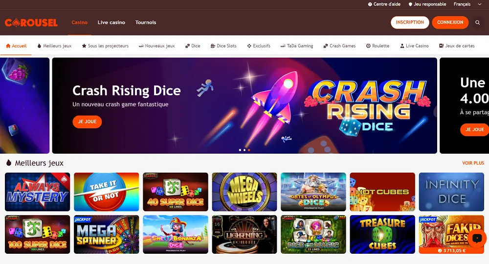 Page d’accueil de Carousel Casino présentant Crash Rising Dice et les meilleurs jeux en ligne du casino belge agréé