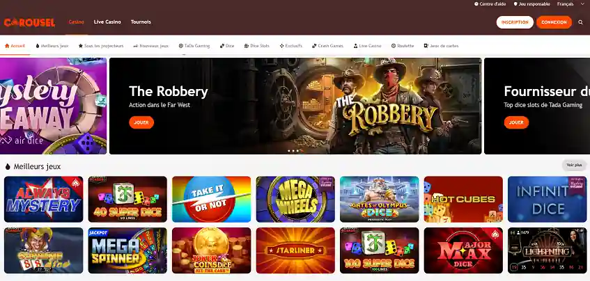 Aperçu de la plateforme Carousel Casino sur ordinateur