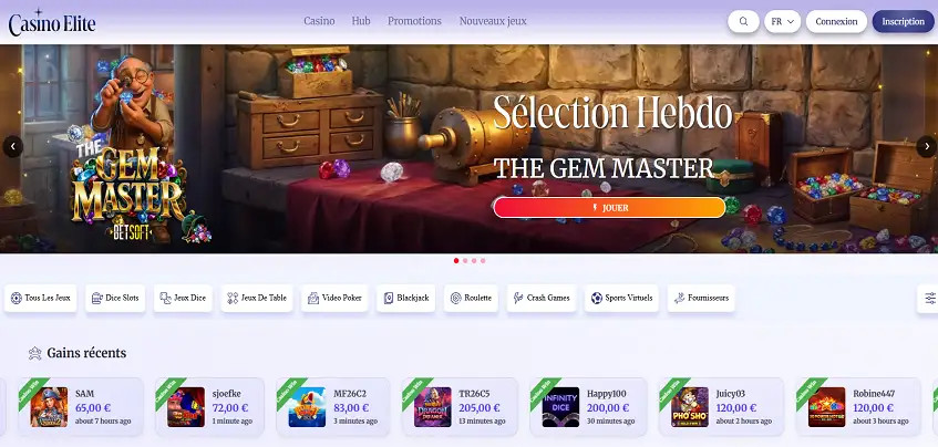 Aperçu de la plateforme Casino Elite sur ordinateur