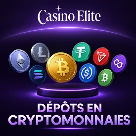 Casino Elite présente les dépôts en cryptomonnaies avec les logos du Bitcoin, Ethereum et autres cryptos