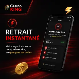 Bannière Casino King sur le retrait instantané en Belgique, avec mobile et jeux de casino