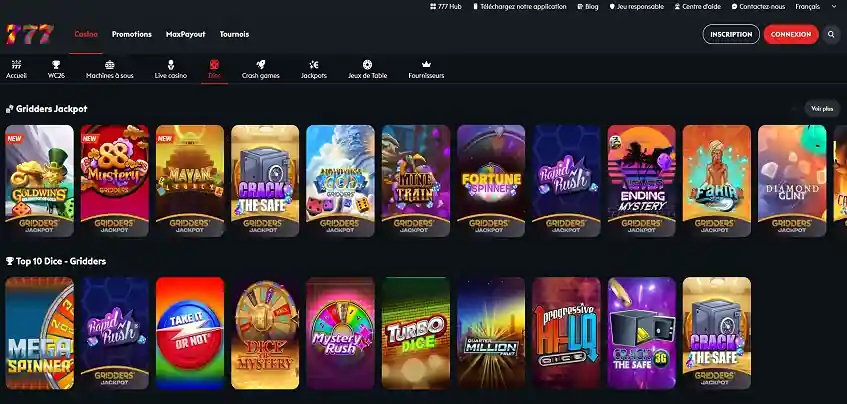 Aperçu de la plateforme Casino777 sur ordinateur