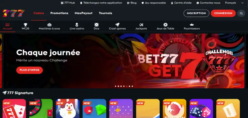 Aperçu de la plateforme Casino777 sur ordinateur
