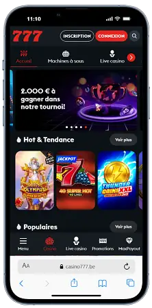 Application mobile Casino777 avec jeux machines à sous, jackpot 777 et accès au live casino sur smartphone