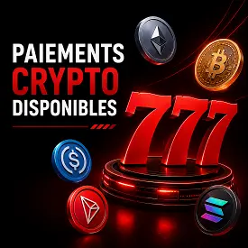 Paiements crypto Casino777 avec le logo 777 et les symboles Bitcoin, Ethereum, USDC, Tron et Solana